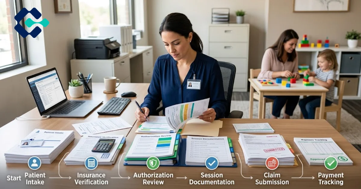 ABA billing specialist managing insurance claims, authorizations, and payment workflow in a provider office